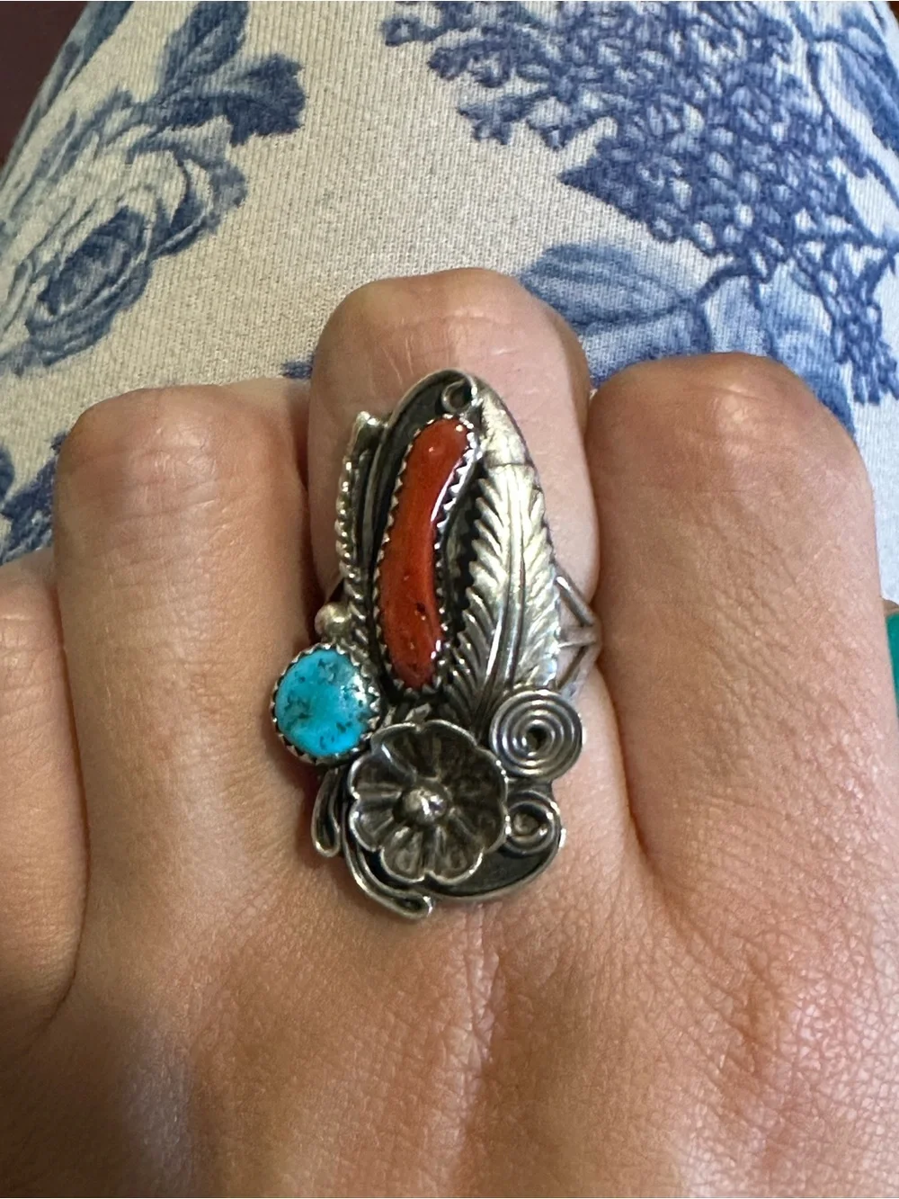 Vintage Blue Turquoise and Red Coral Ring, Native, Southwestern, Boho